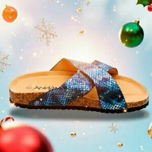 ANNA Womens Gibson Slide Sandals Blue Snakeskin Criss Cross Rhinestone 7 New